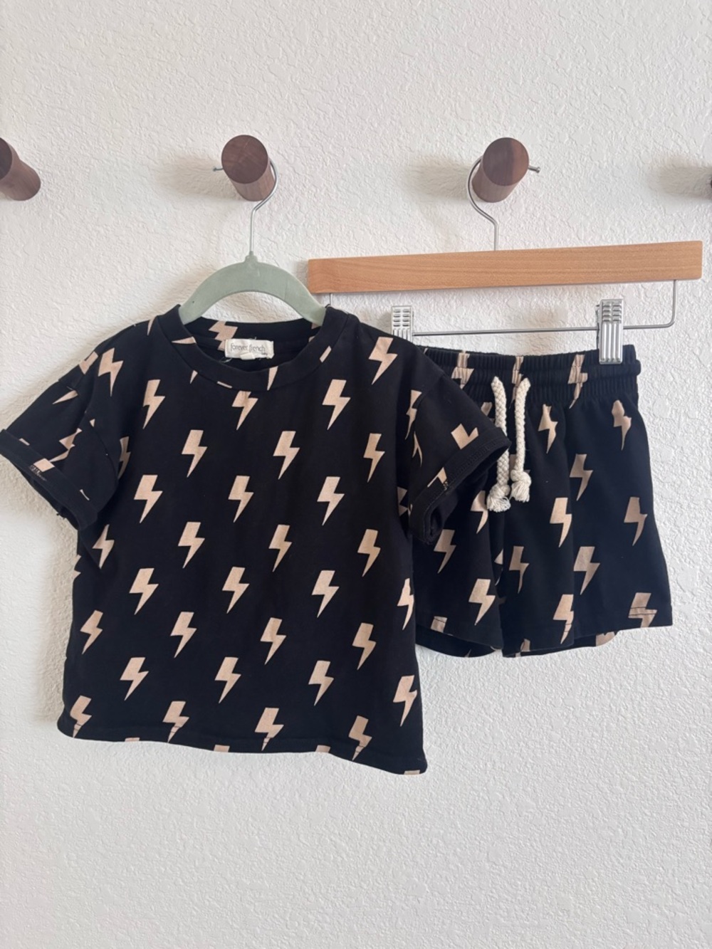Forever French baby matching short set- Black and tan lightning bolt